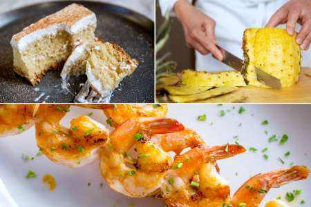 tres leches cake, slicing pineapple and grilled shrimp