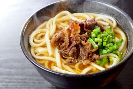 udon noodles with broth and pork