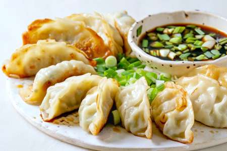 vegetable gyoza dumplings with green onions and soy sauce