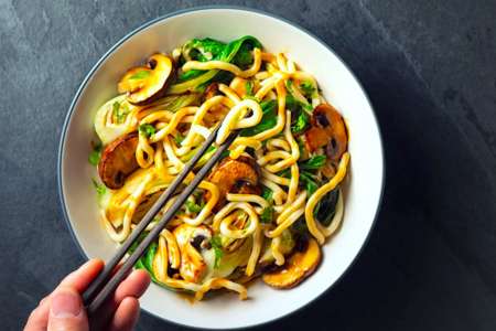 yaki noodle stir fry with mushrooms and bok choy