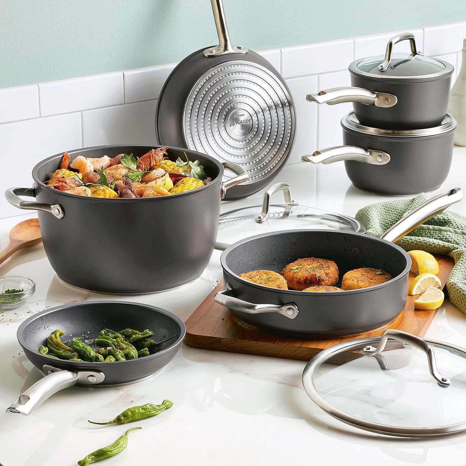 Rachael Ray Create Delicious Nonstick Cookware Pots and Pans Set, 13 Piece,  Light Blue Shimmer