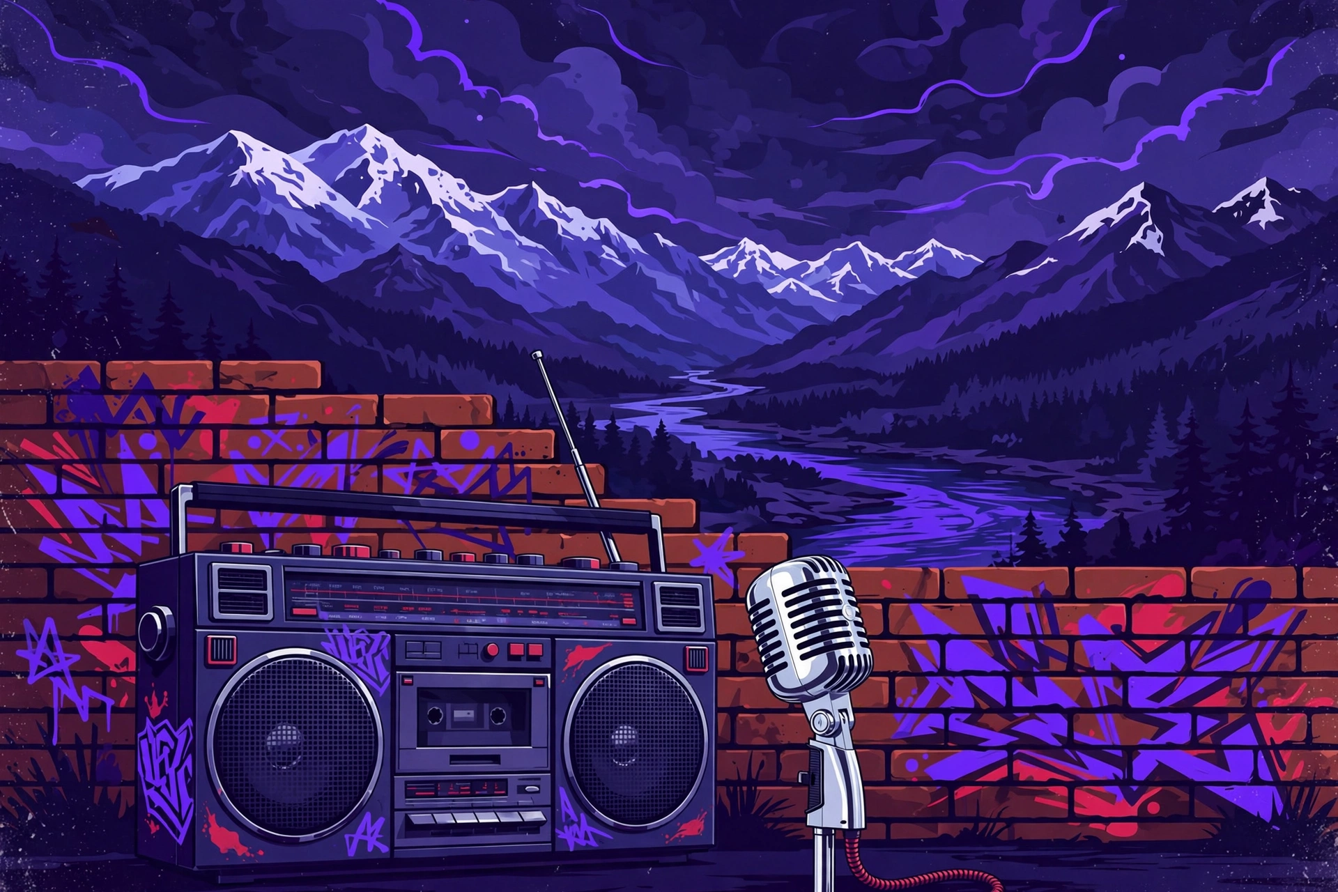 Hip-hop illustration — boombox and vintage microphone against a graffiti wall with the Kashmir mountains behind
