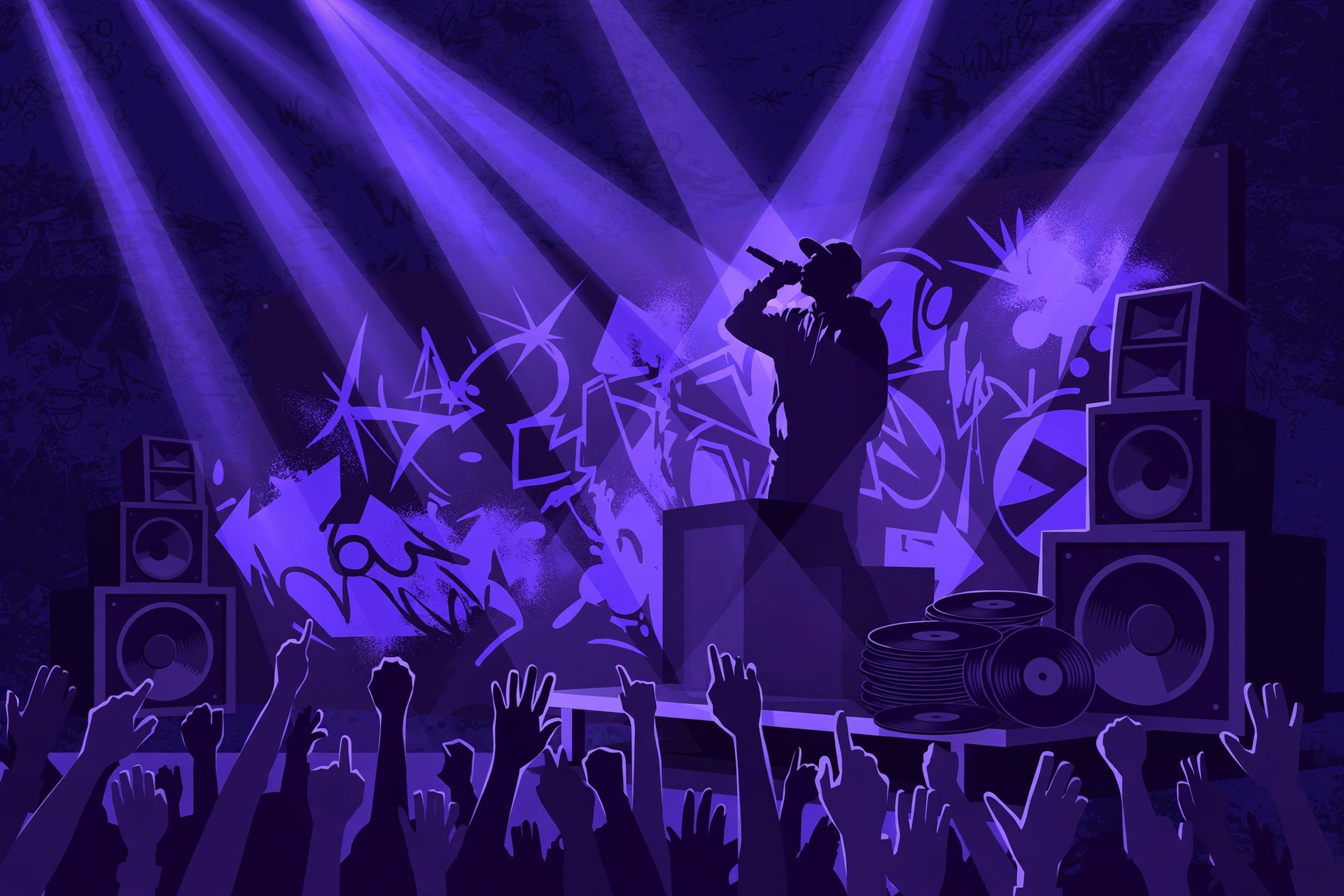 Hip-hop illustration — a rapper performing on stage under violet spotlights with the crowd's hands raised