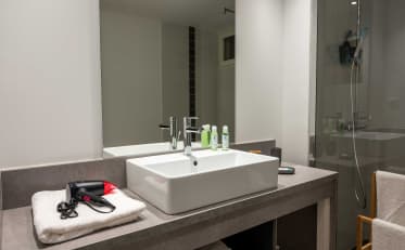 Modern hotel bathroom at B&B HOME with vessel sink and walk-in shower