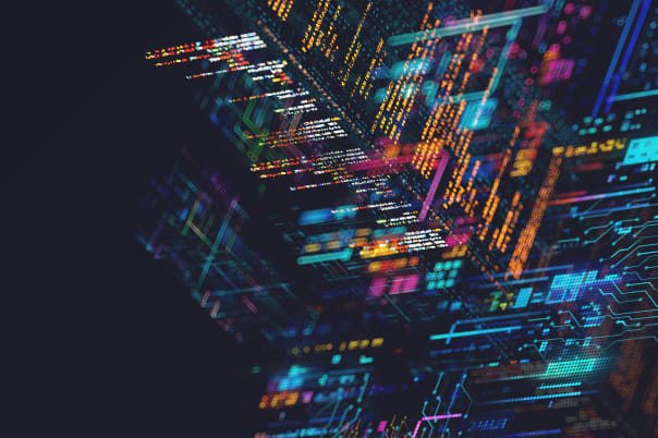 Conceptual glowing data block floating over circuit board