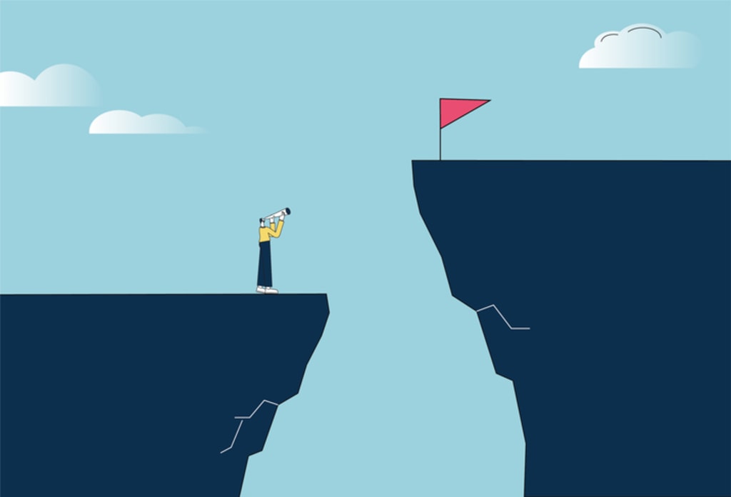 Cartoon reaching next level mountain with red flag 