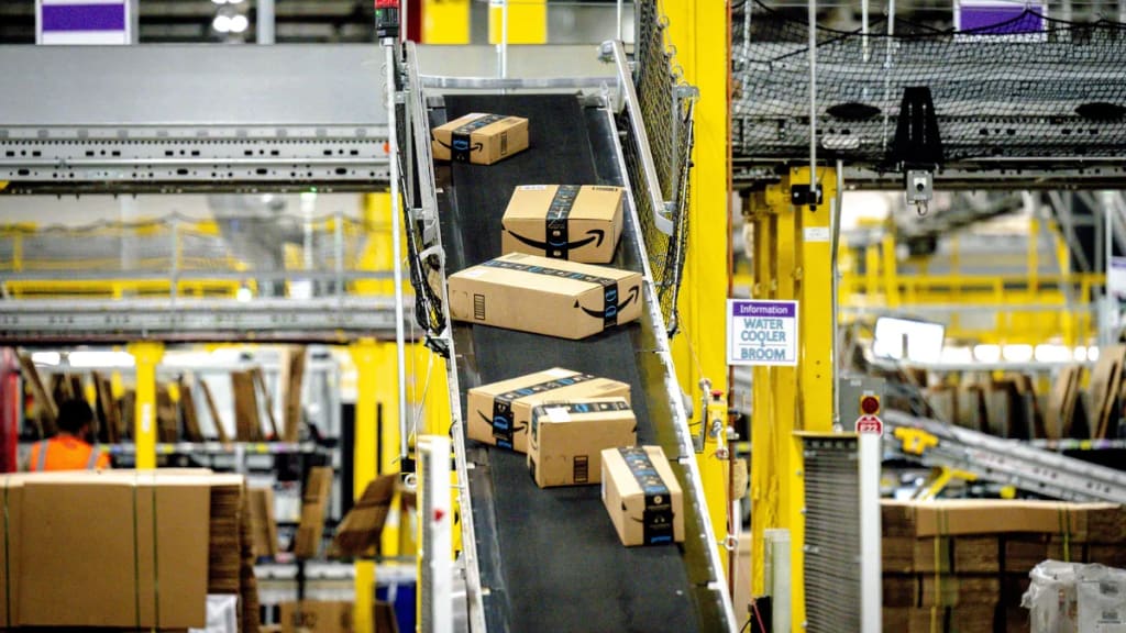 Amazon parcels on conveyer belt