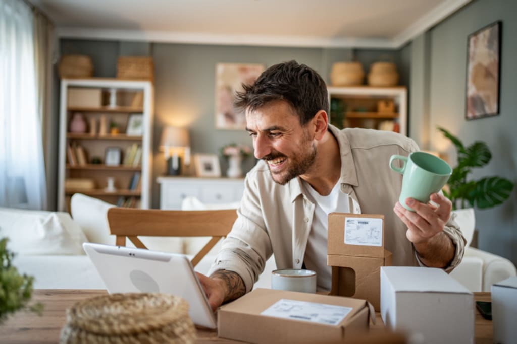 Guy showing his mugs to the computer smiling