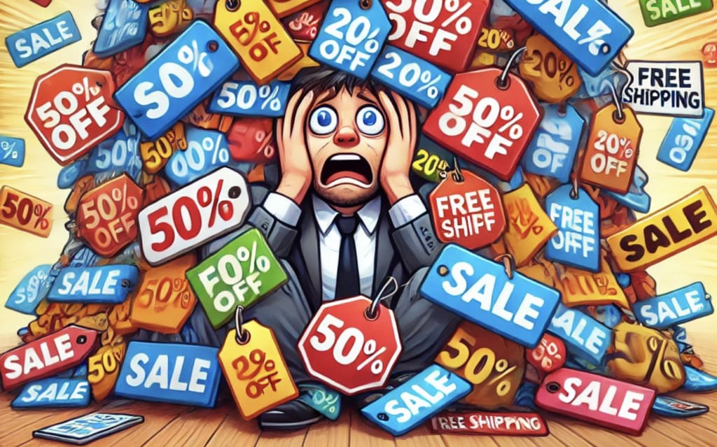 Man covered in discounts