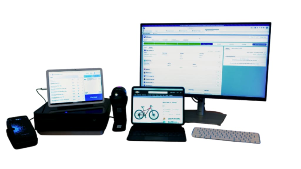 StoreConnect back end being displayed on various devices such as a computer, tablet, and laptop