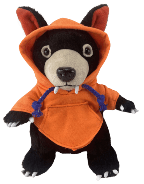 Steve plushie front view in orange hoodie on a transparent background