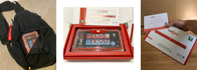 3 photos of CallAED - one in bag, one in box, and one being delivered 