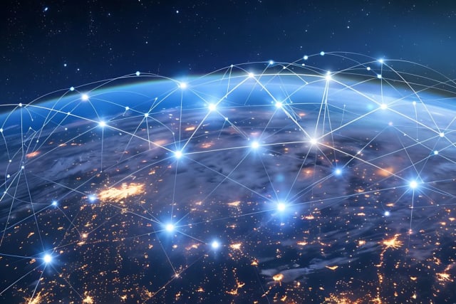 Earth from space with global network drawn over it