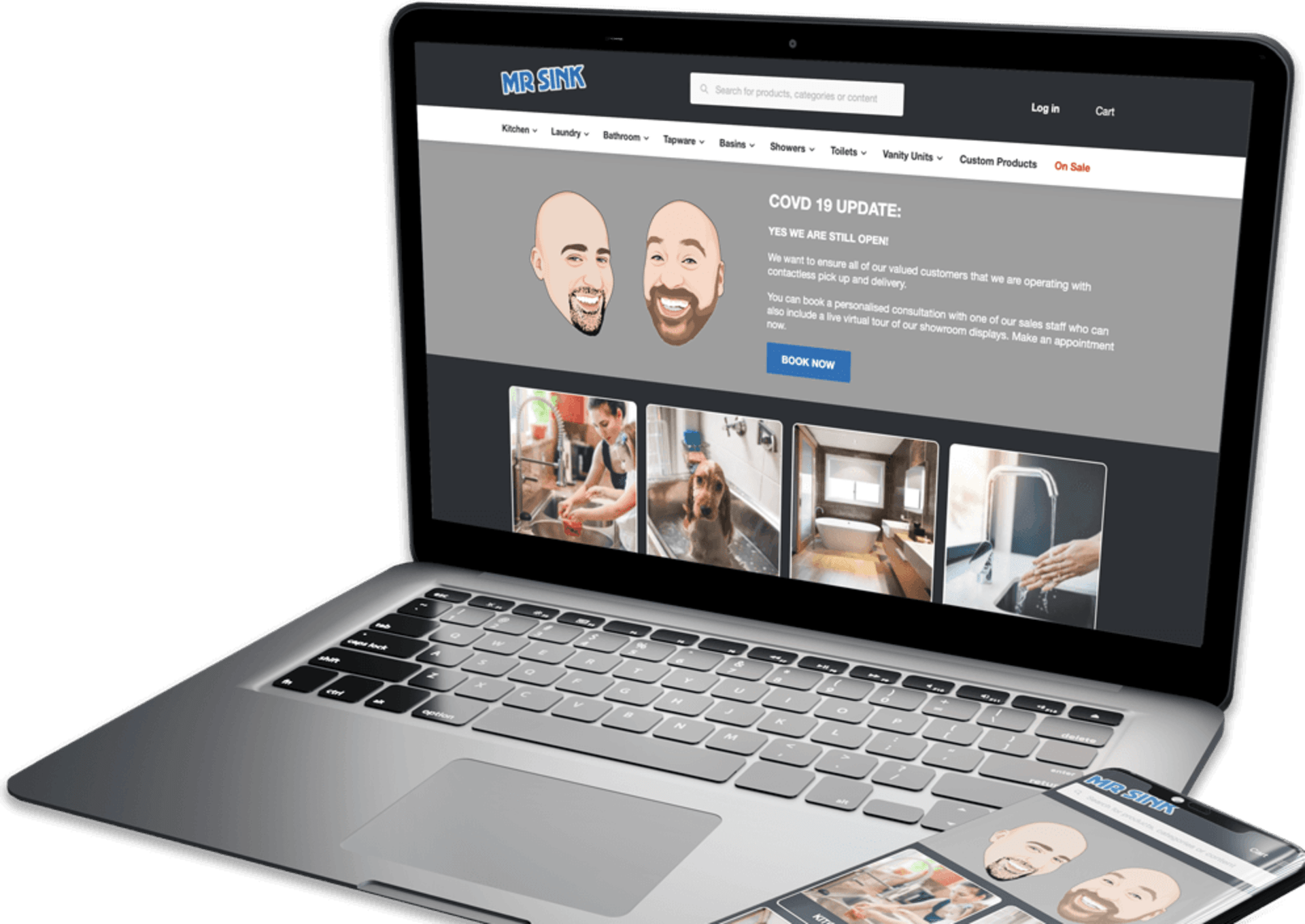 Laptop displaying Mr. Sink's ecommerce site