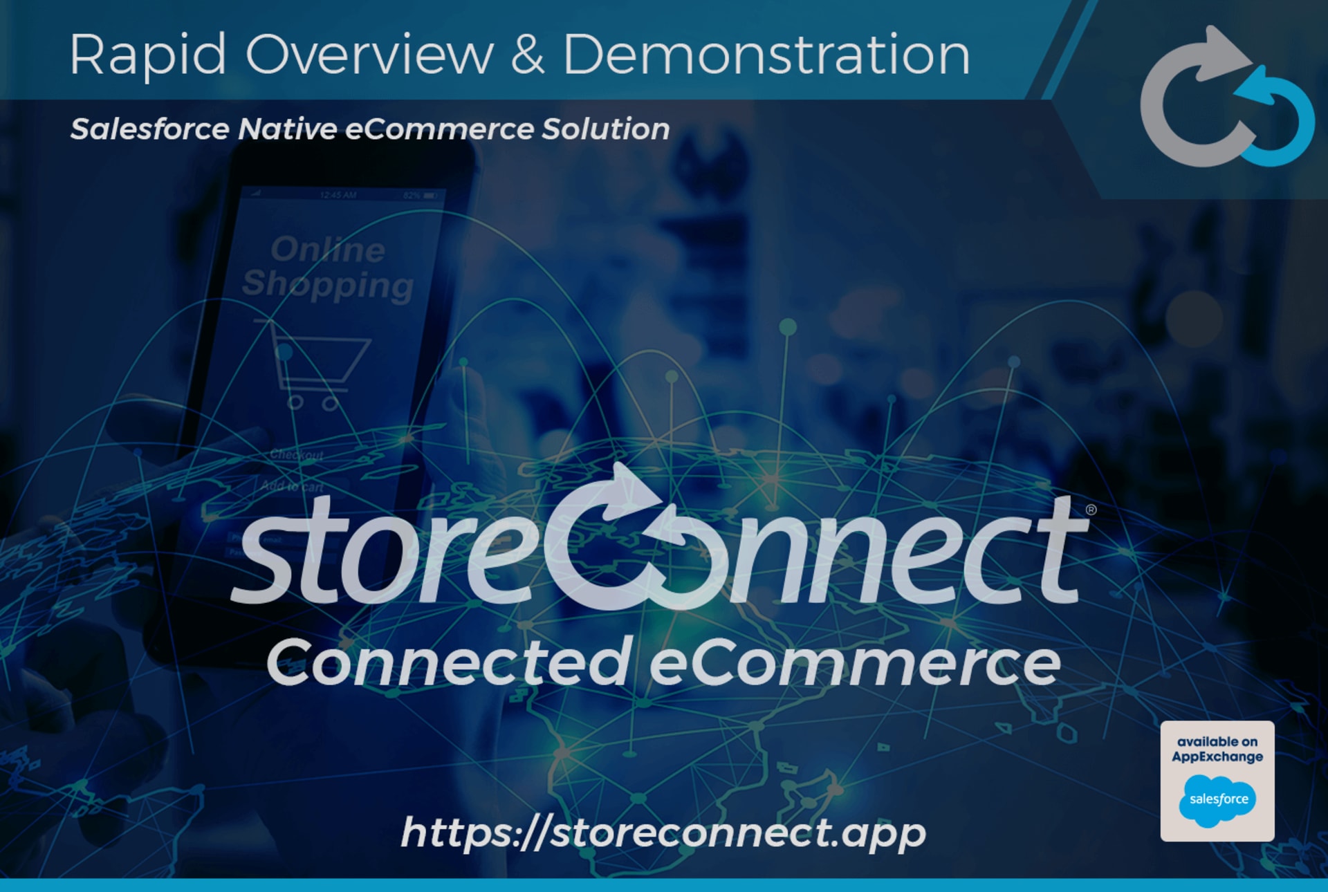 Banner with text and storeConnect background offering a rapid overview and demo.