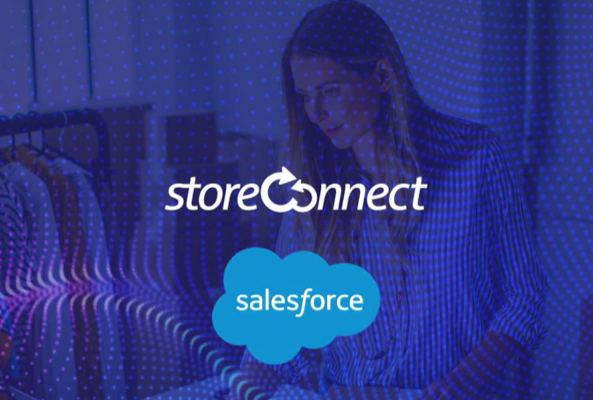 SC Salesforce ecommerce webinar banner - A woman watching something and storeConnect logo as an overlay