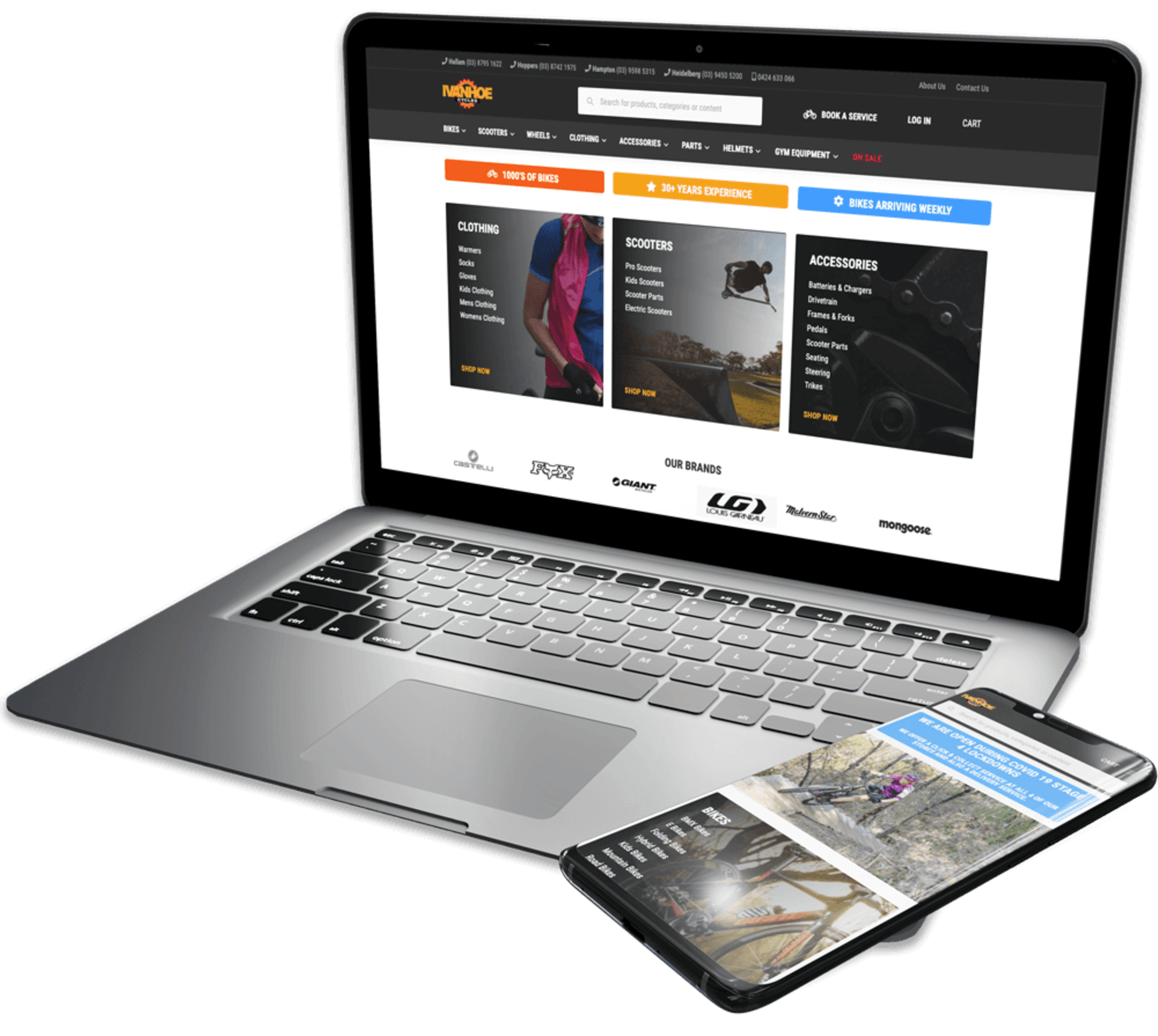 Laptop displaying Ivanhoe cycles site using storeConnect