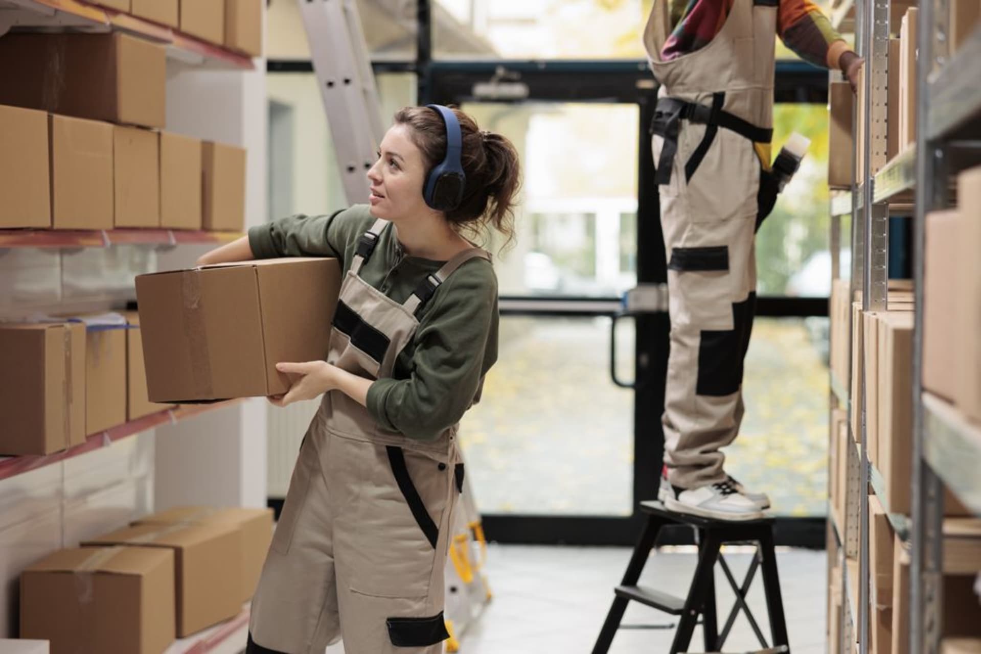 Supervisor holding cardboard box in store warehouse surrounded by shelves
