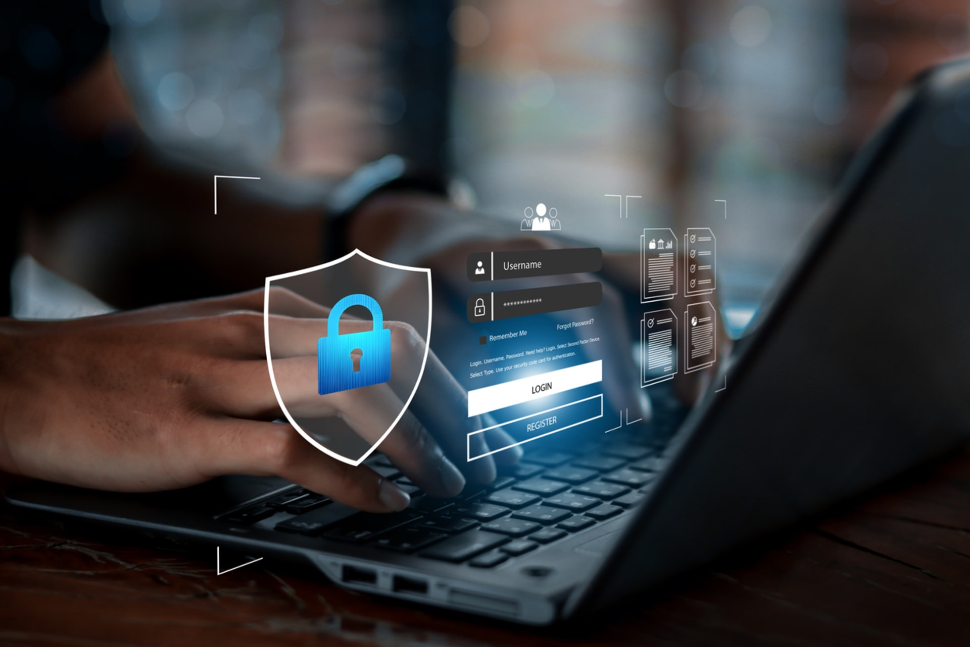 Illustration of lock and login details floating above laptop