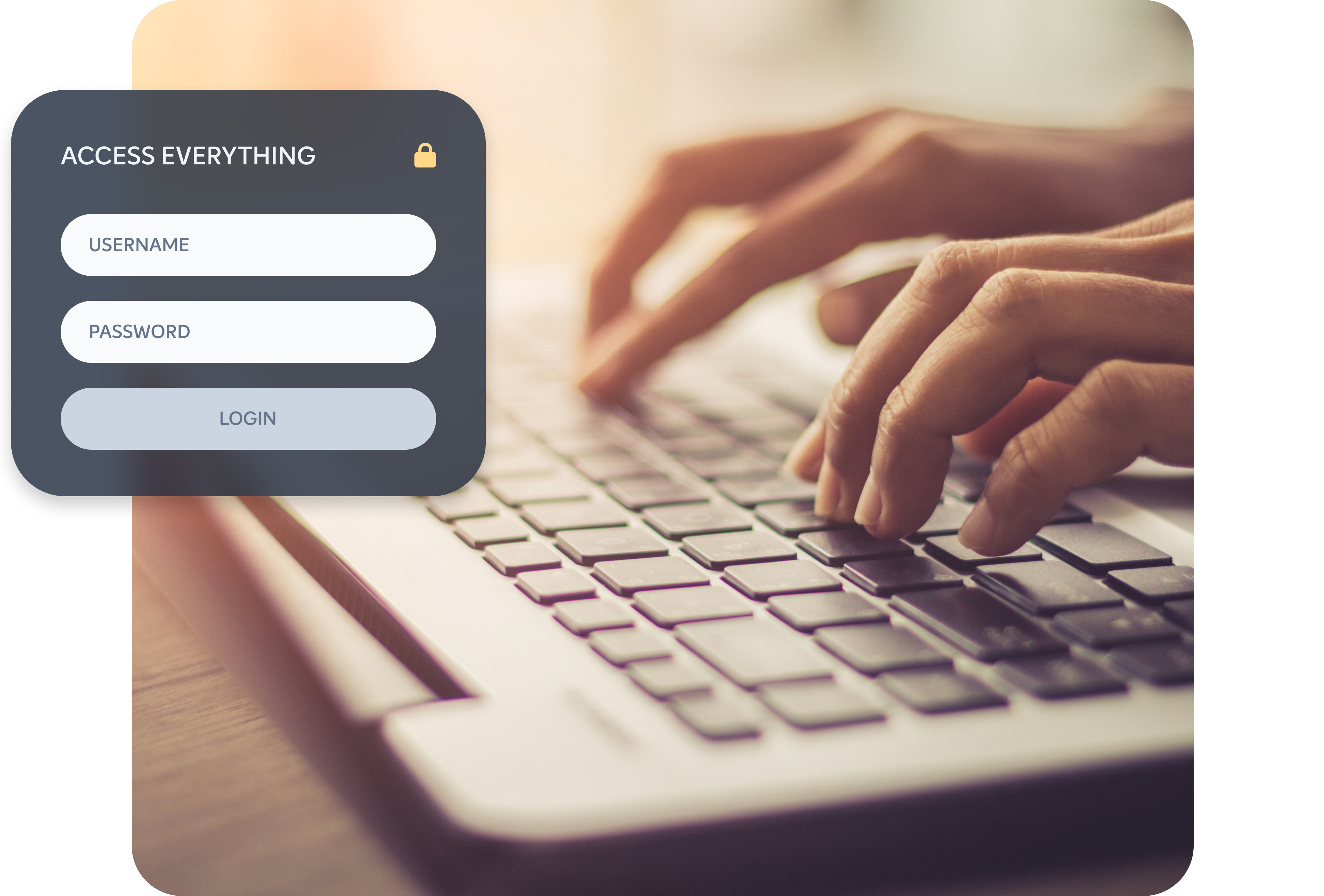 Hands typing on keyboard with text "login to everything"