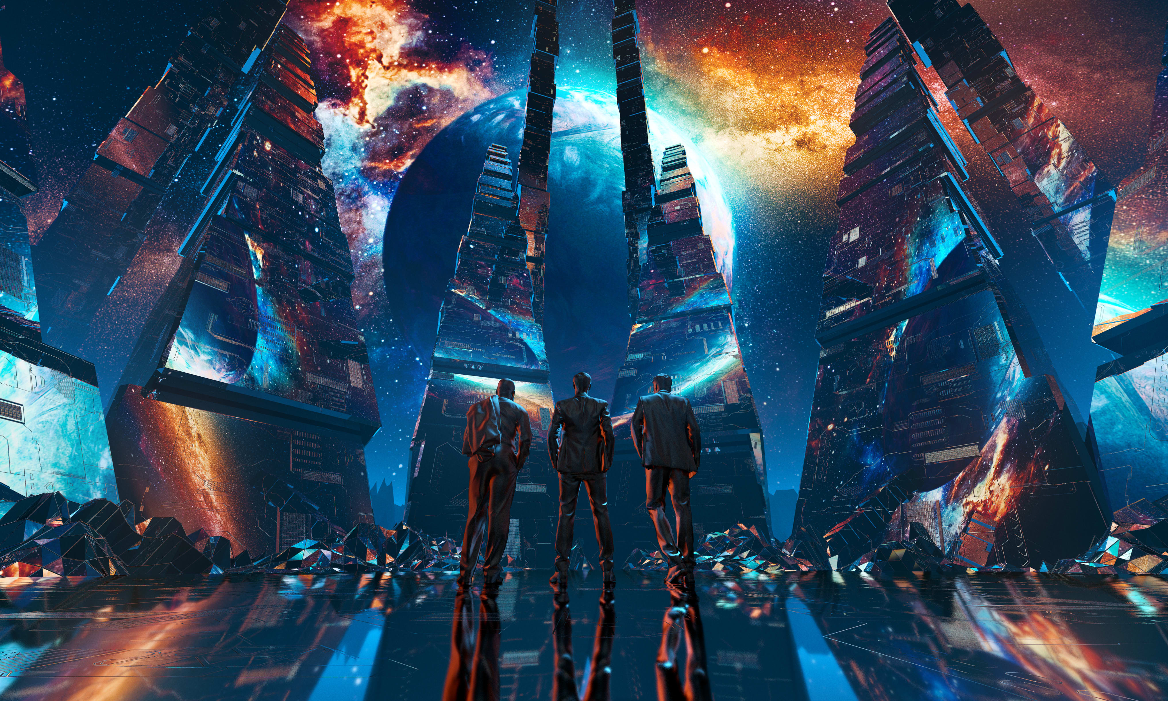 Group of business men watching a planet rise above a futuristic structure