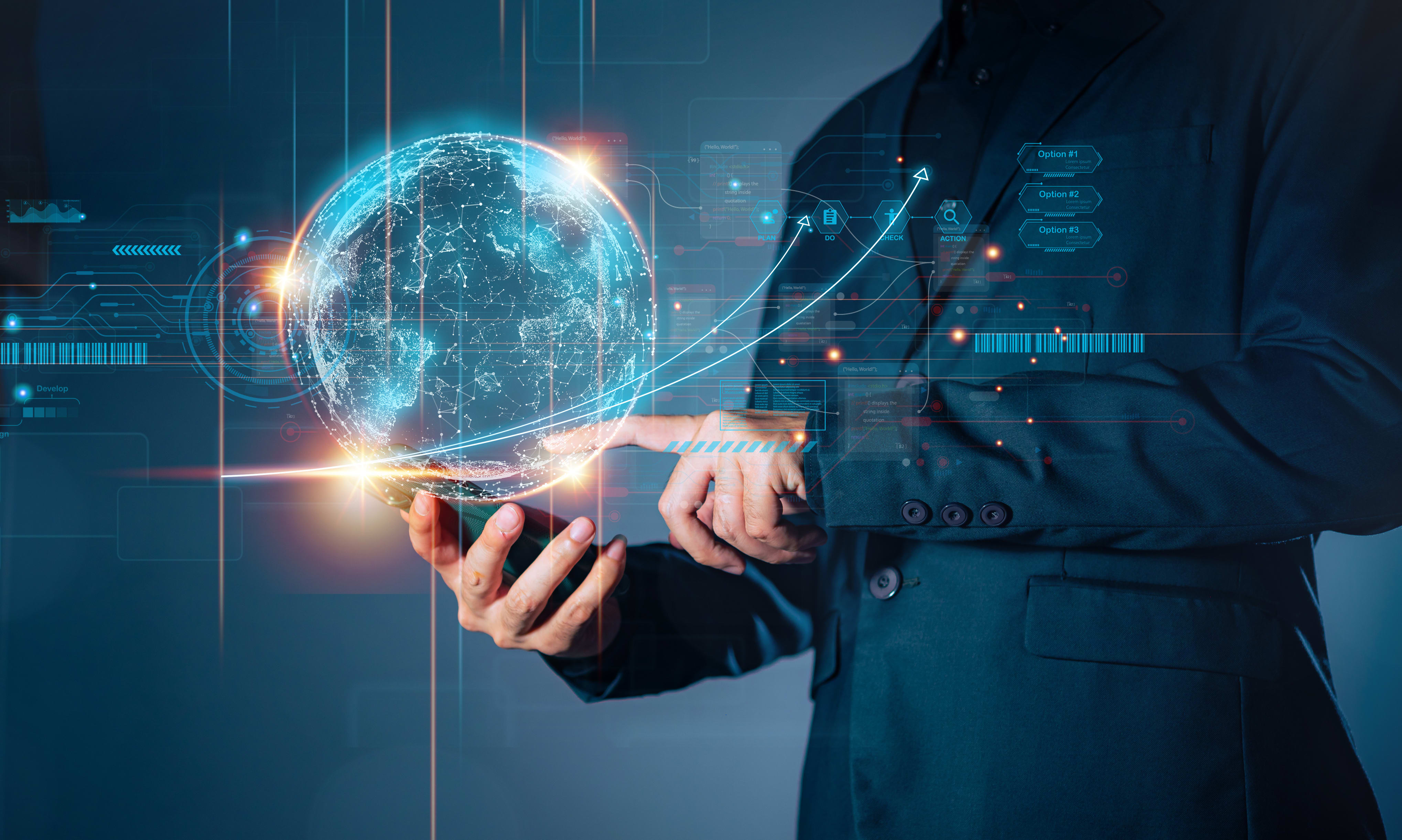 Businessman holding holographic global network