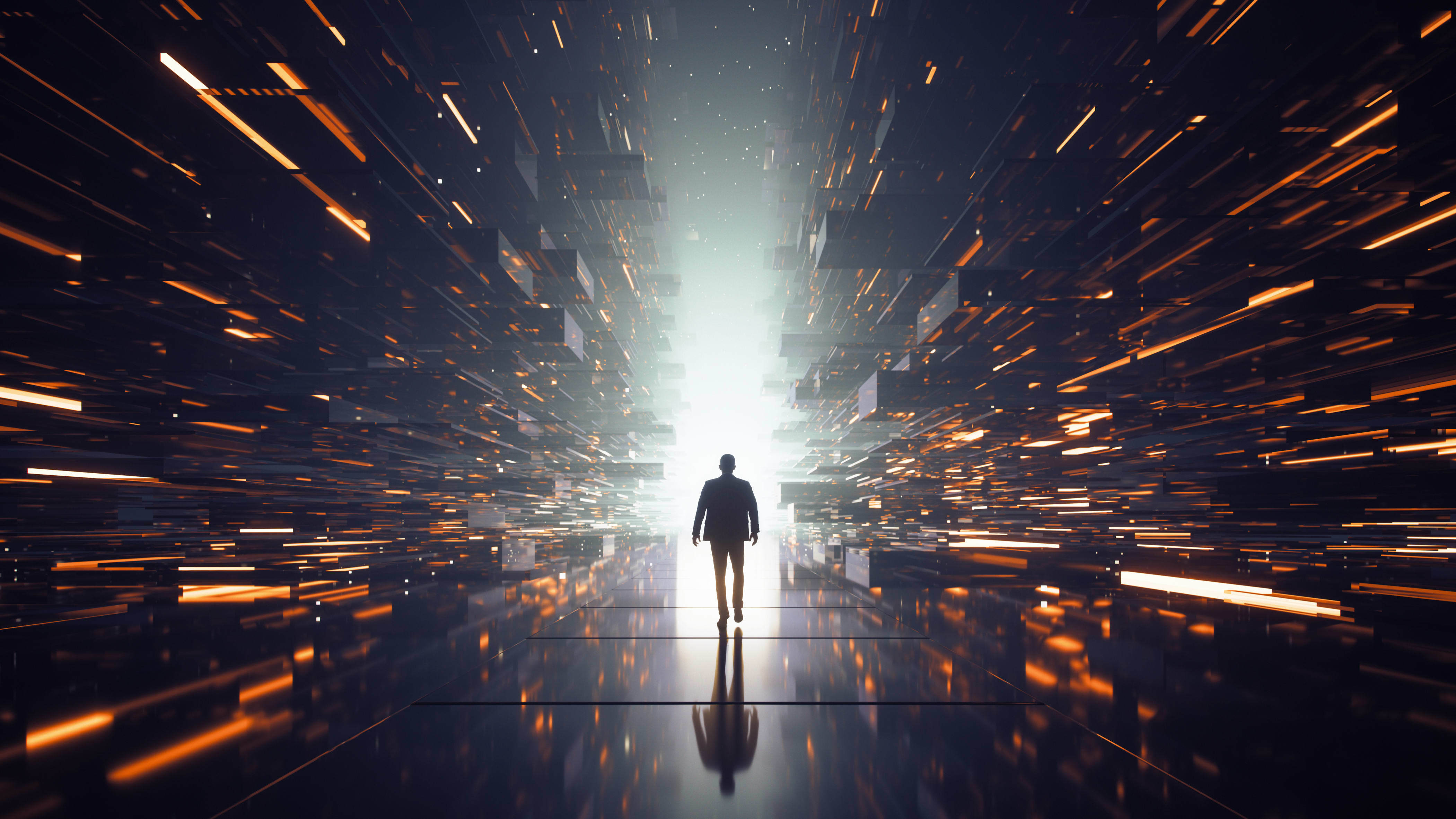 Man walking through blocky digital environment into bright light