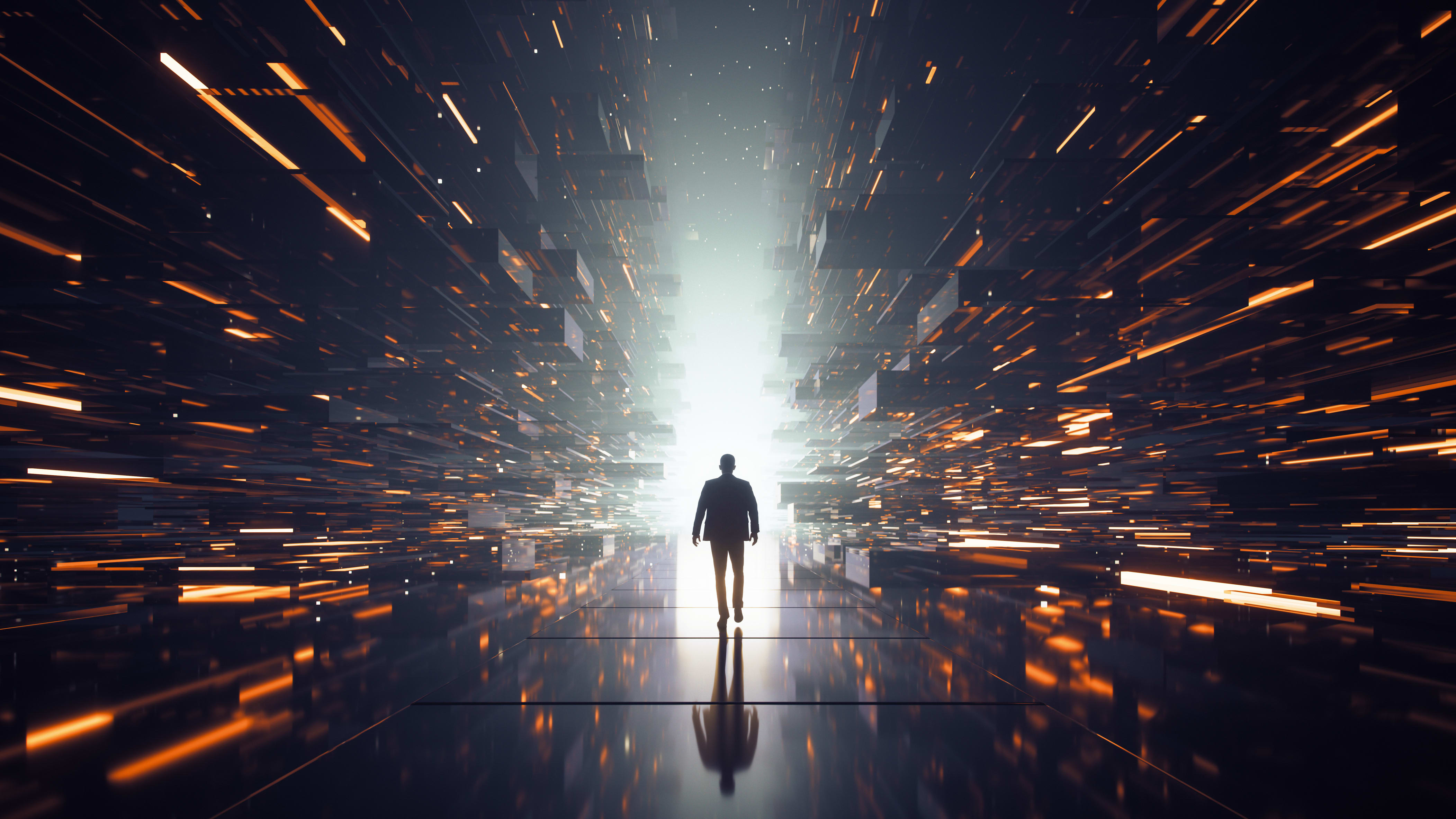 Man walking through blocky digital environment into bright light