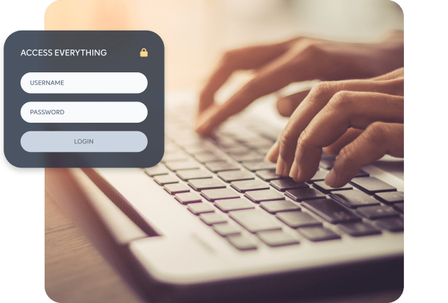 Hands typing on keyboard with text "login to everything"