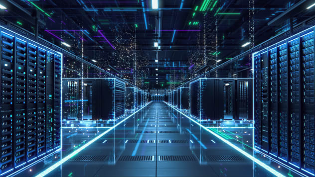 Glowing futuristic data warehouse