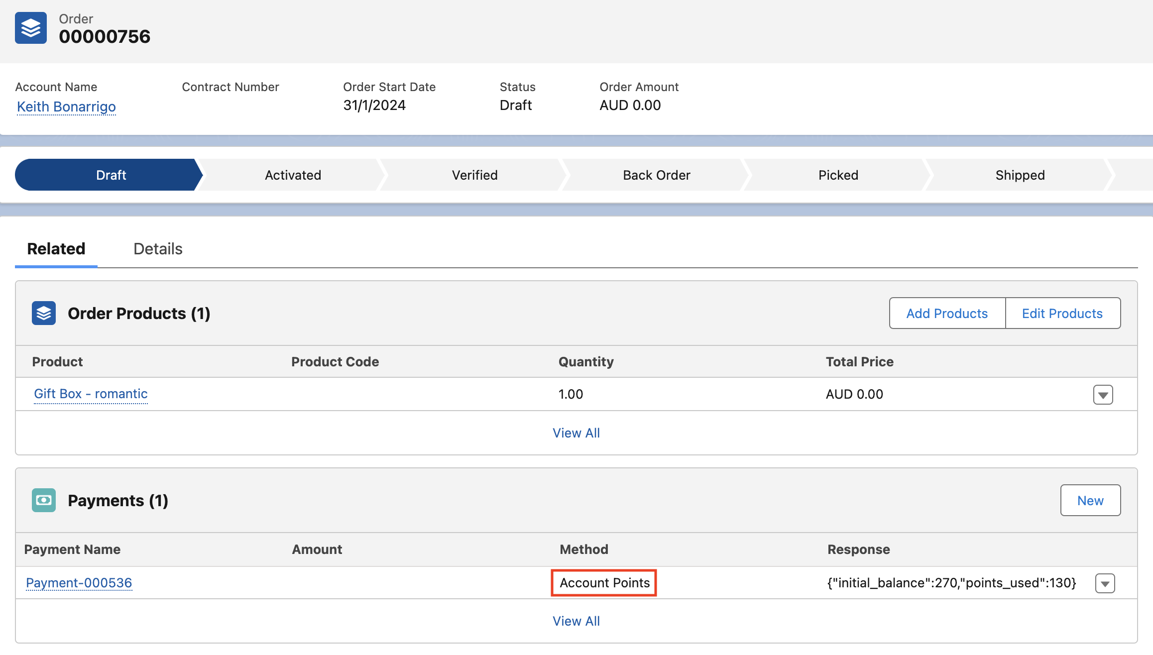 Order Record Showing Points as Payment Method