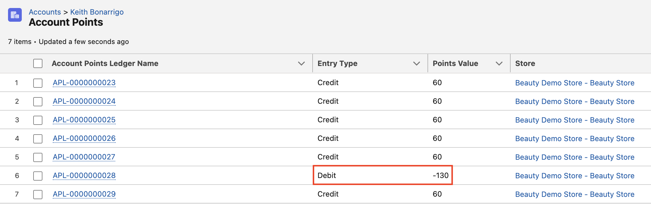 Order Record Showing Points Accounts Ledger