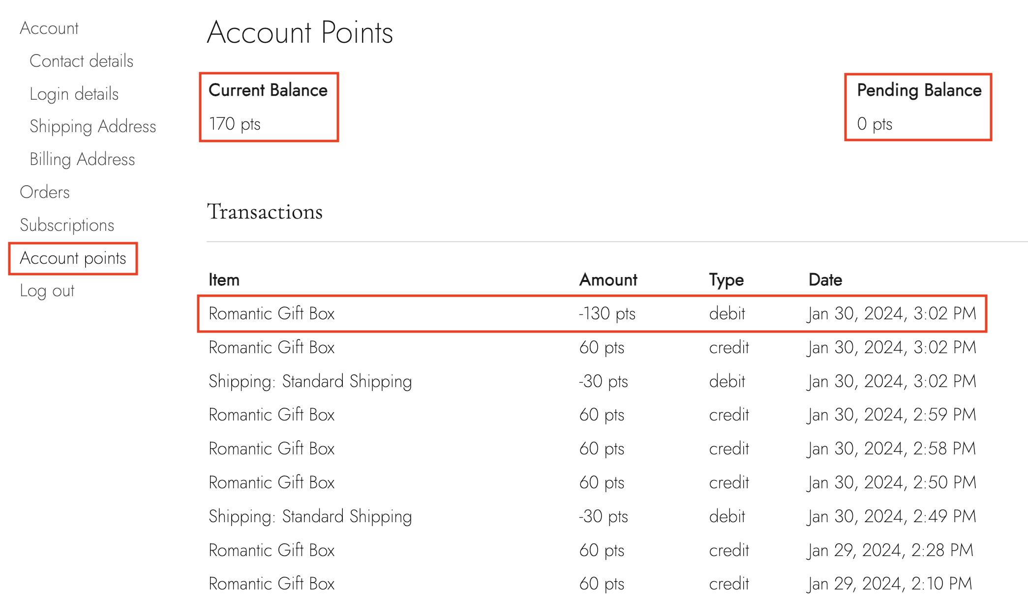 StoreConnect shop showing points page