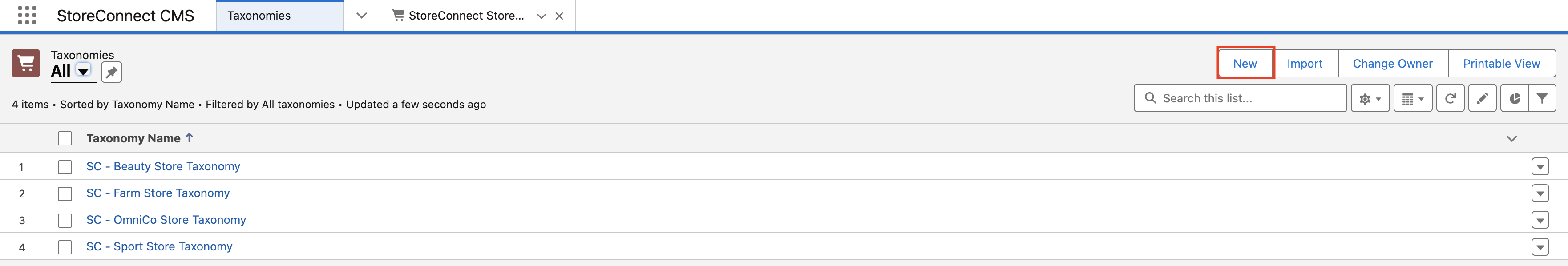 StoreConnect New Taxonomy Record