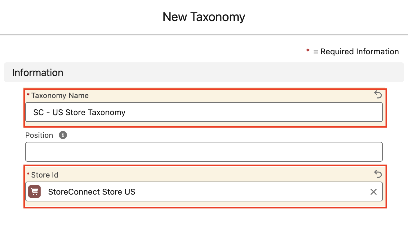 StoreConnect New Taxonomy Record