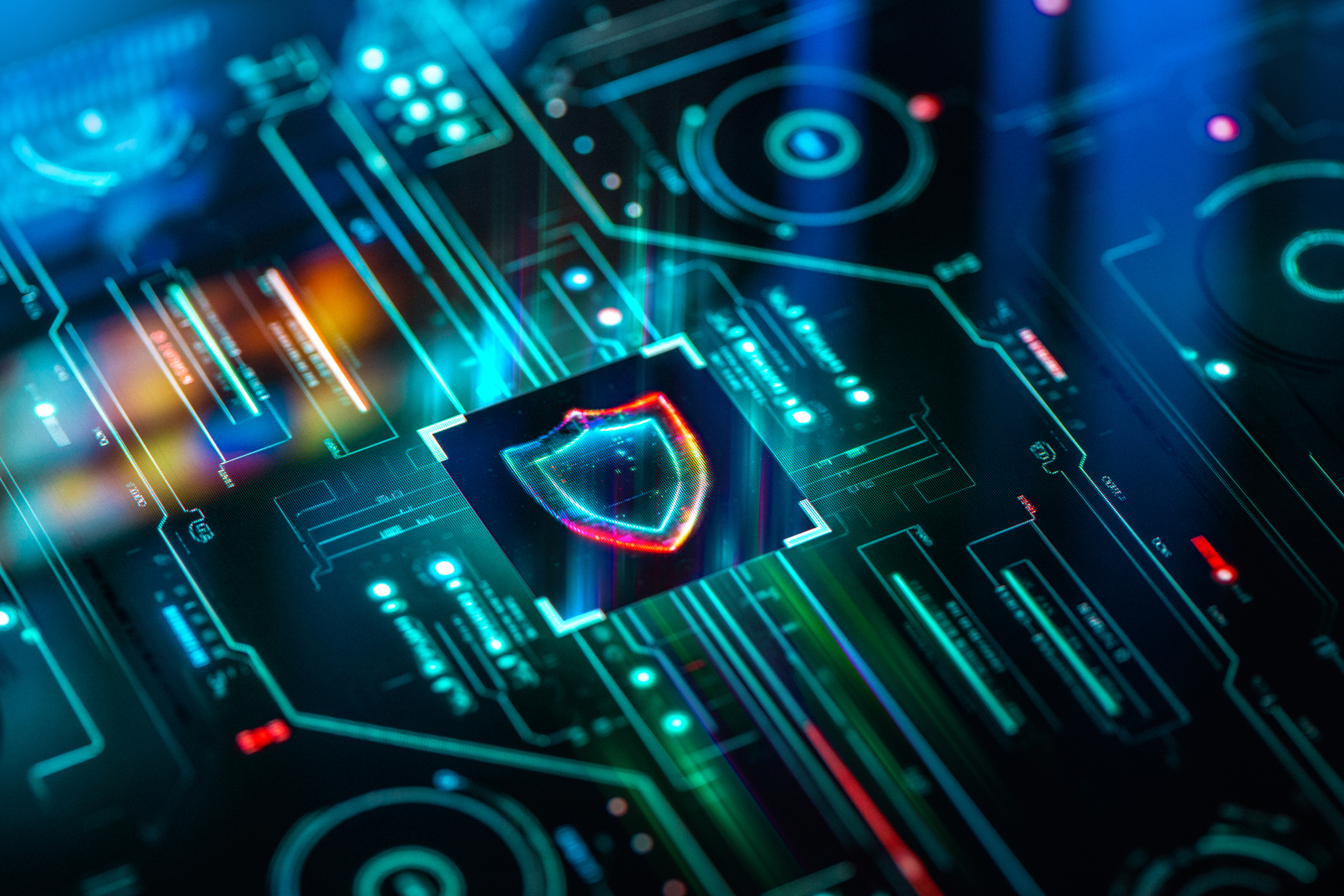 Shield glowing in the centre of a sci-fi circuit board