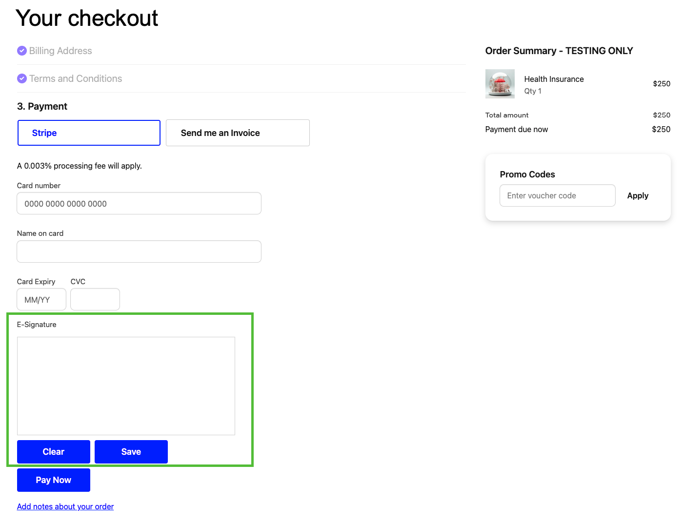 Store checkout showing e-signature field