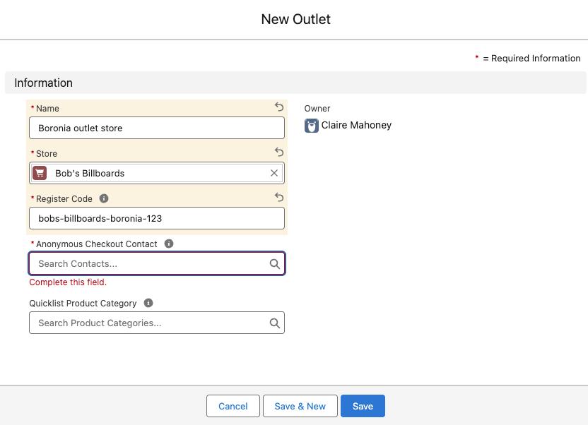 Add Store Outlet screen