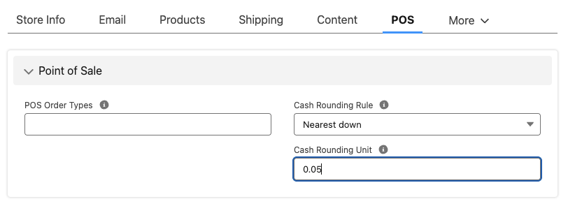 Cash rounding input section in StoreConnect store