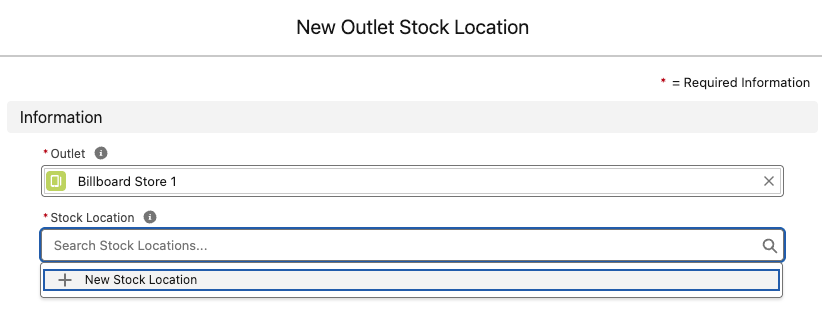 New outlet stock location screen
