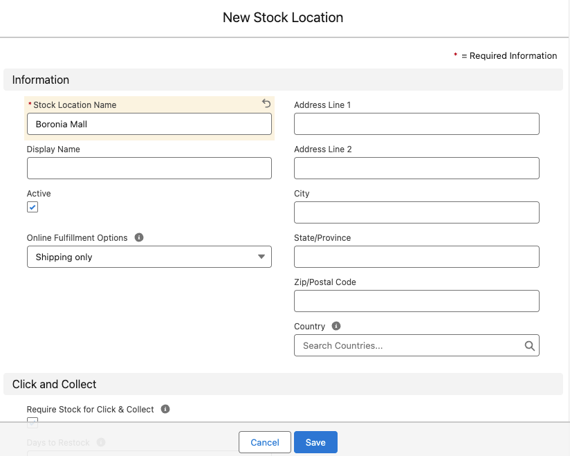New Stock Location window