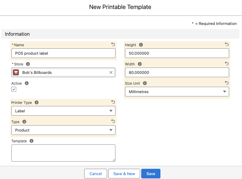 New label template window in StoreConnect