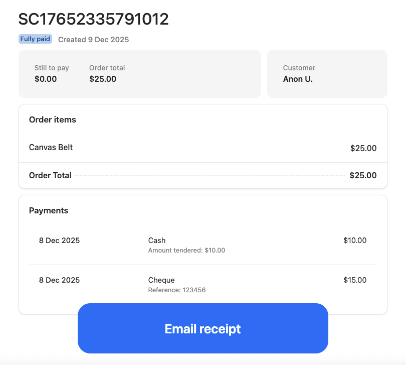 Split payment receipt
