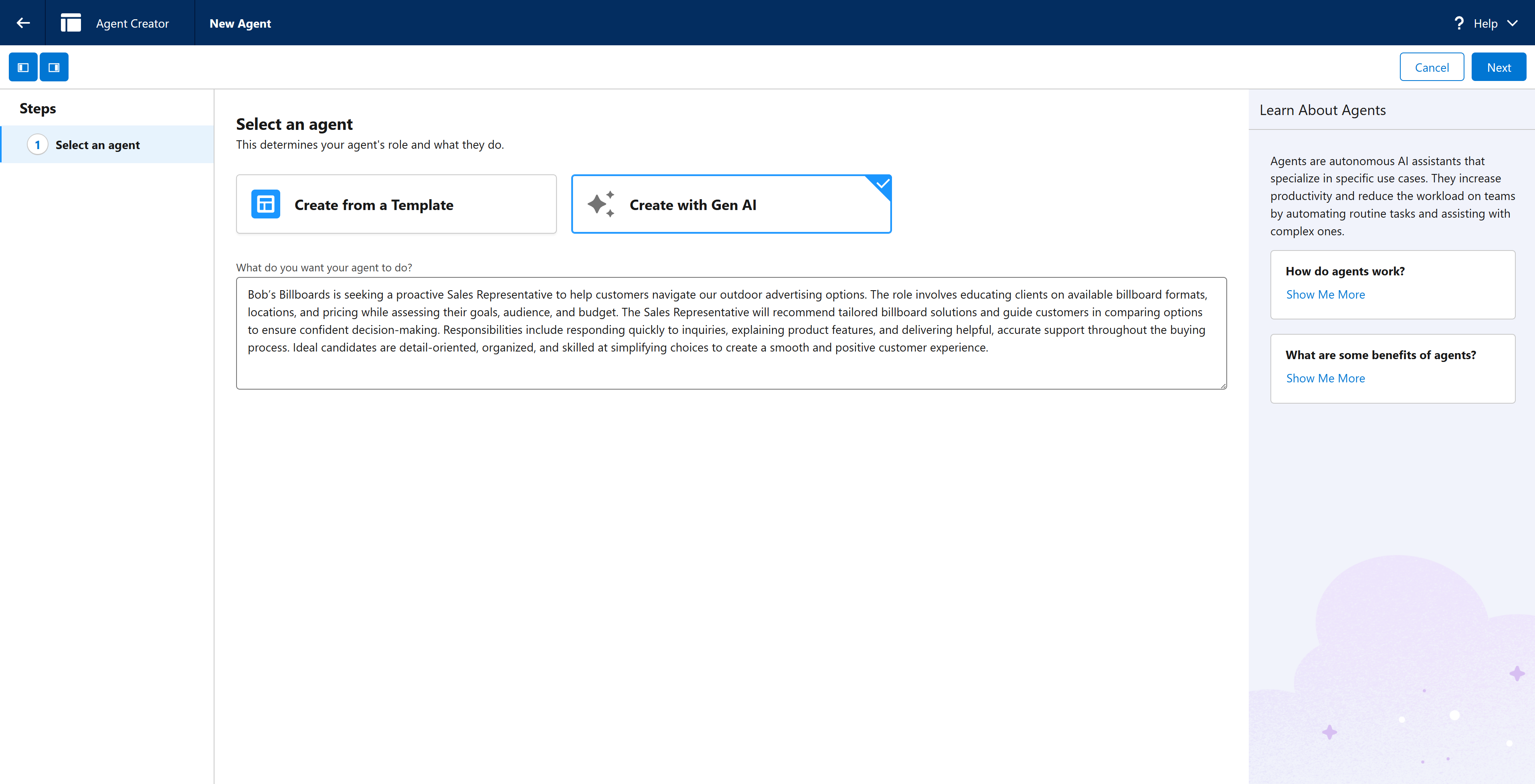 Choose to create an agent with generative AI