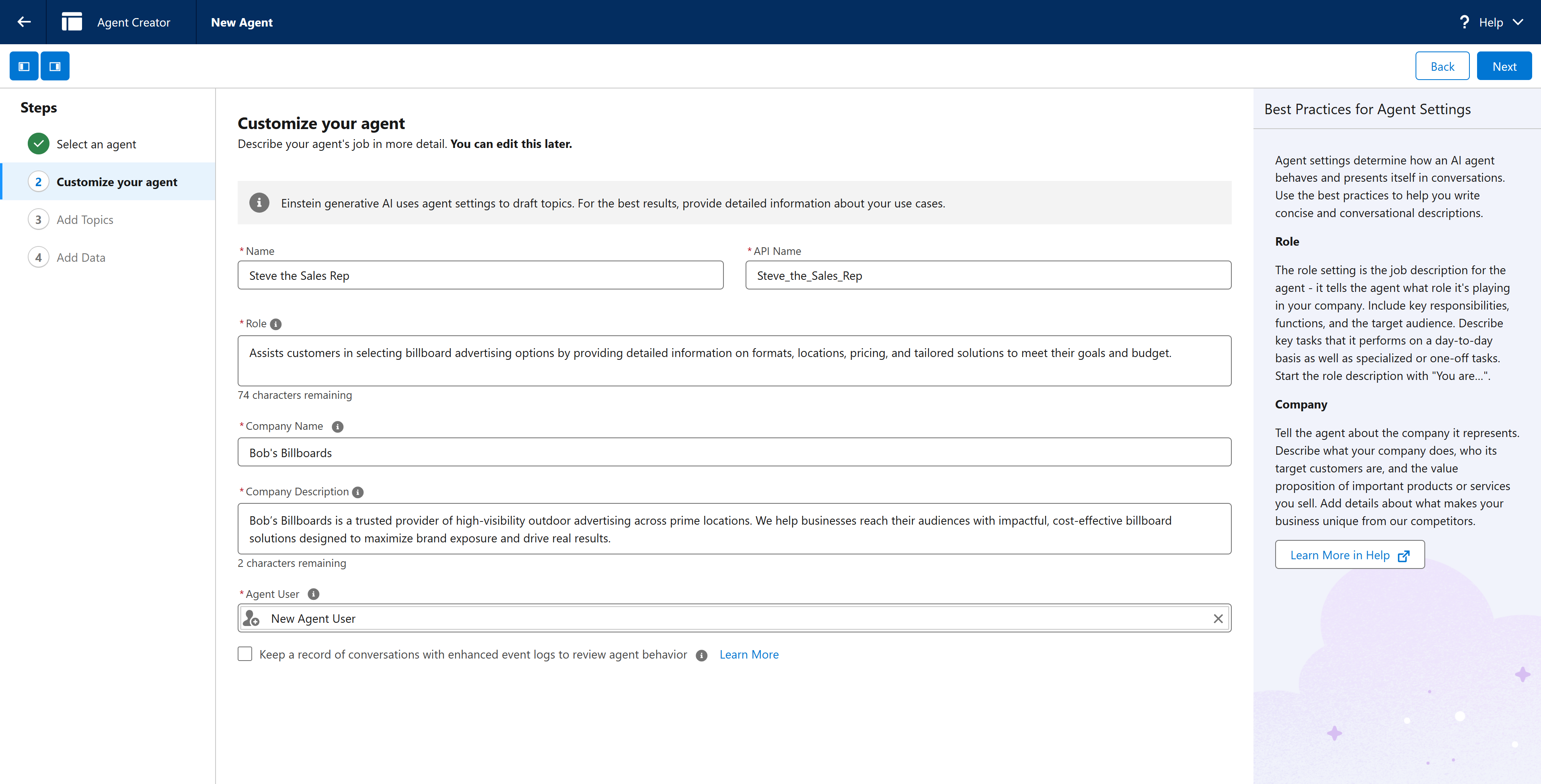 Basic customization of AI agent