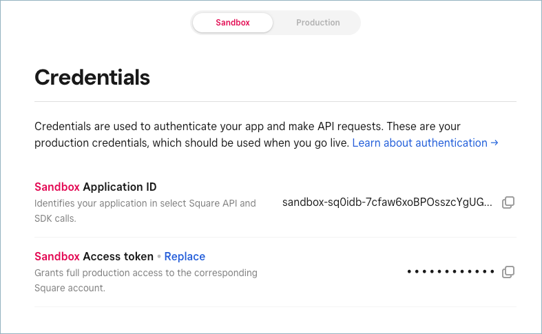 Square Application credentials