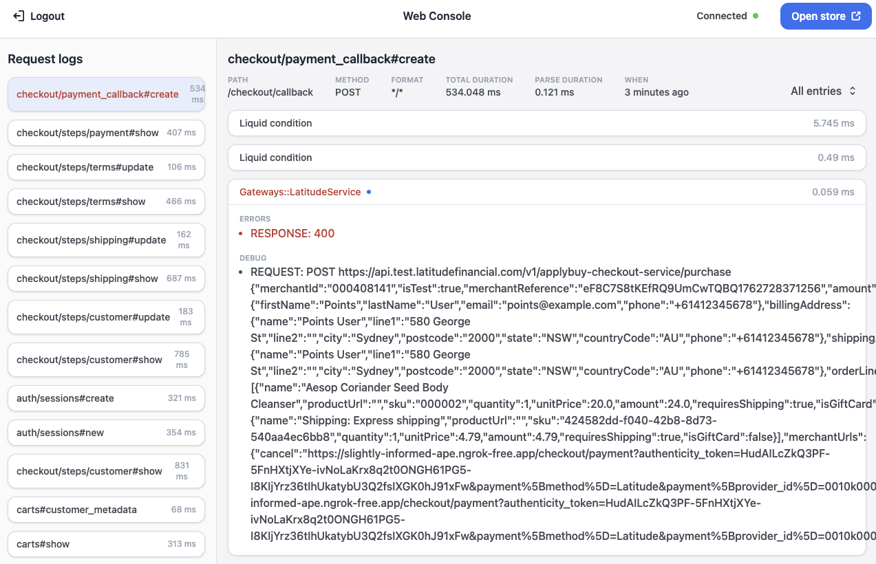 Web console failed payment API call