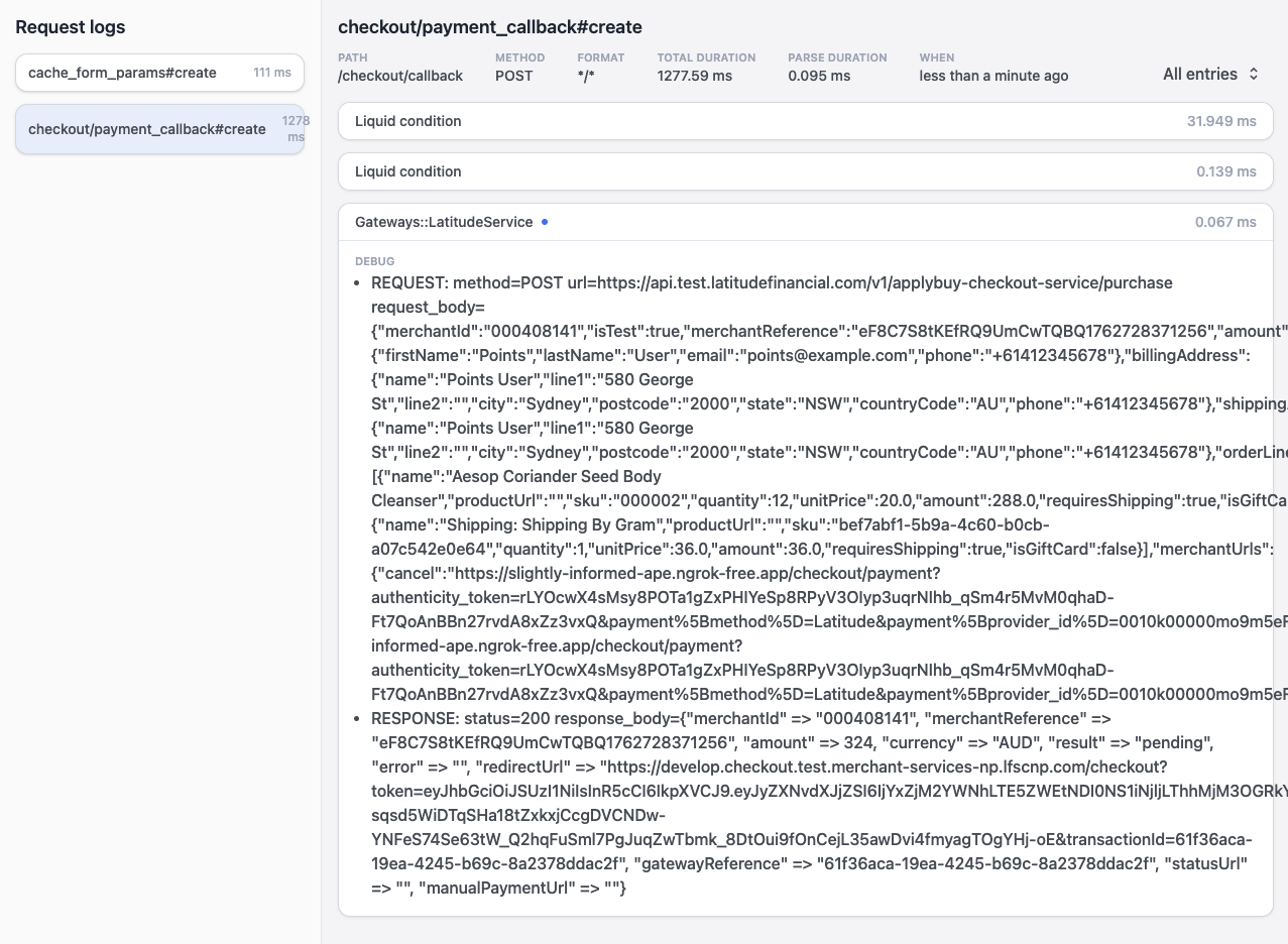 Web console successful payment API call
