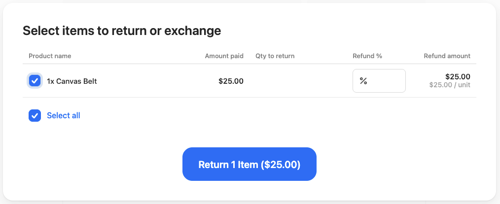 Items selected for return at POS