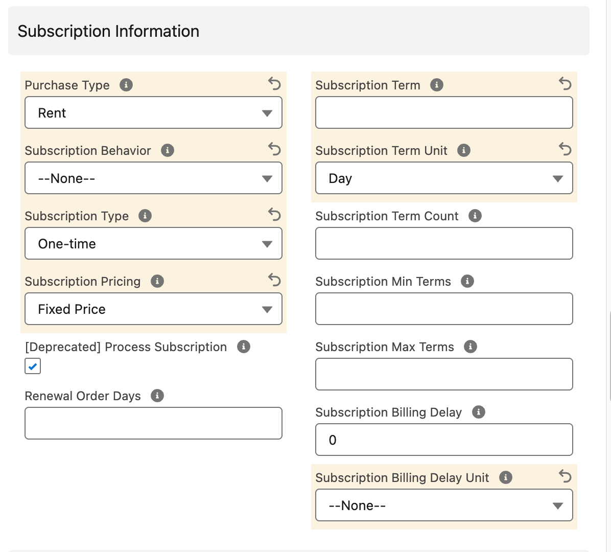 Subscription settings for a rental product